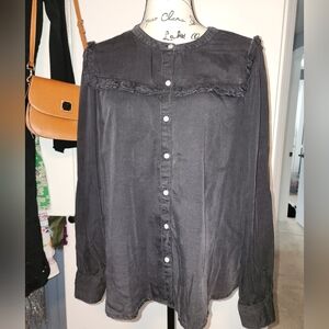 Black Denim Ruffled Button Blouse Large